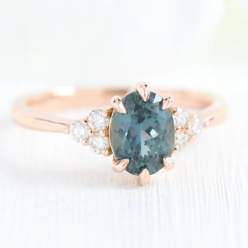 Teal Green Sapphire Engagement Ring in 14k Rose Gold 3 Stone Diamond Ring, Size 6.25