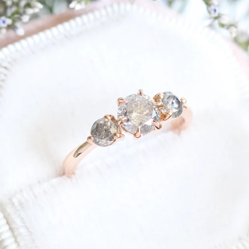 1.27 Ct Salt and Pepper Diamond Ring in 14k Rose Gold 3 Stone Ring, Size 6