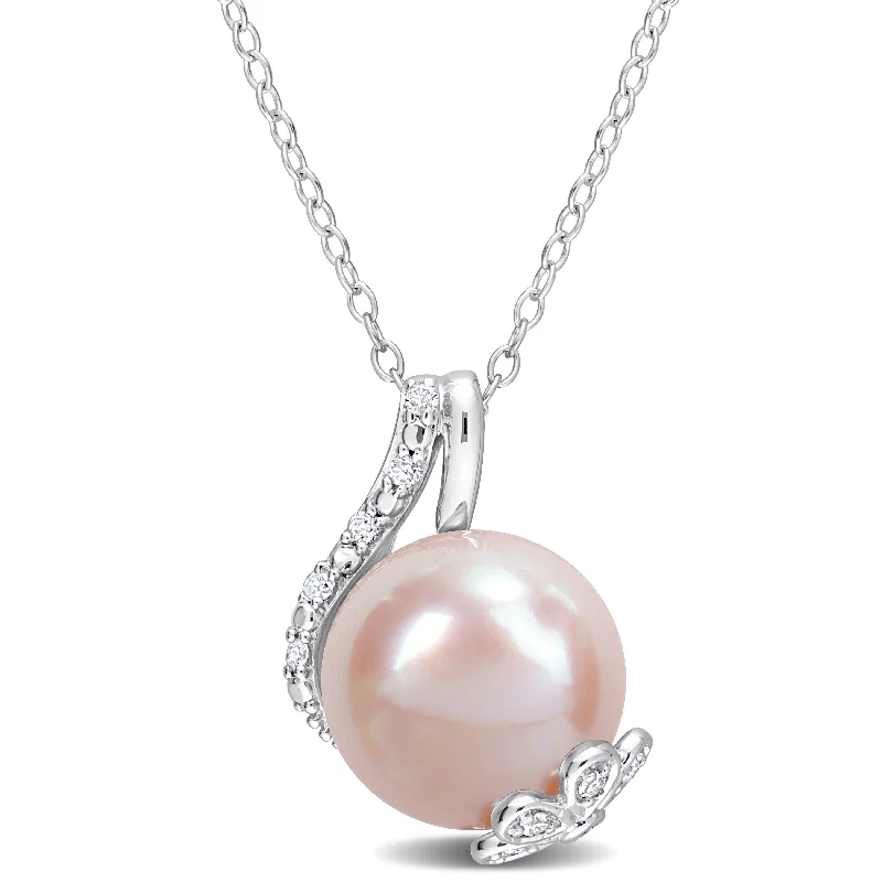 Mimi & Max 12-12.5mm Rice-Shaped Pink Freshwater Cultured Pearl 1/10ct TDW Diamond Open Leaf Pendant with Chain in Sterling Silver