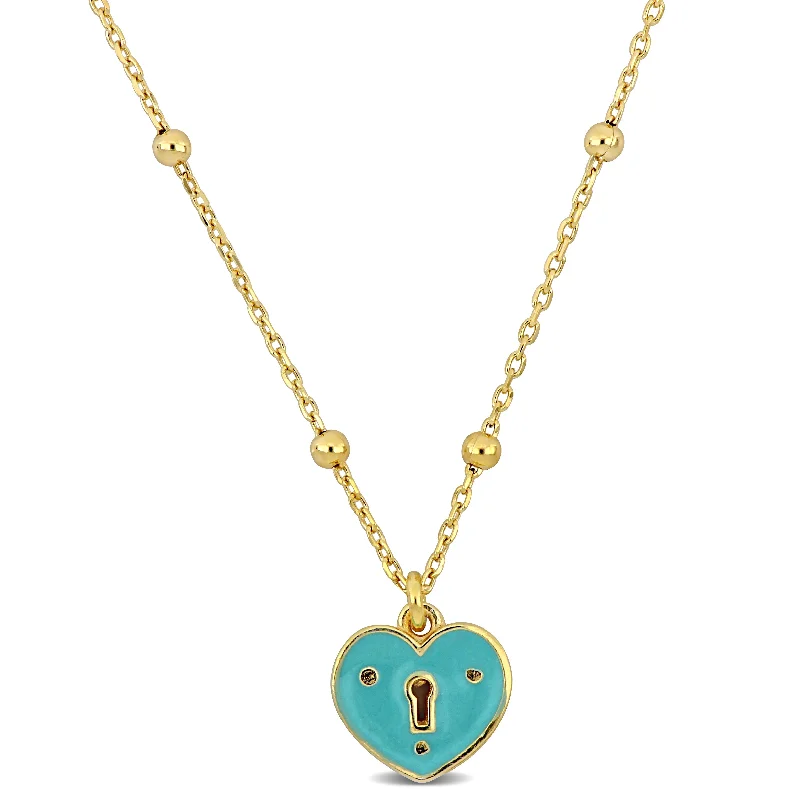 Mimi & Max Turquoise Enamel Heart Necklace on Diamond Cut Cable Chain w/ Ball Beads in Yellow Silver - 16.5+1 in.