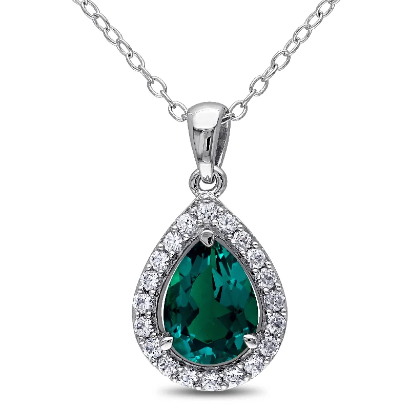 Mimi & Max Women's 1 1/2ct TGW Created Emerald and Created White Sapphire Teardrop Halo Pendant with Chain in Sterling Silver