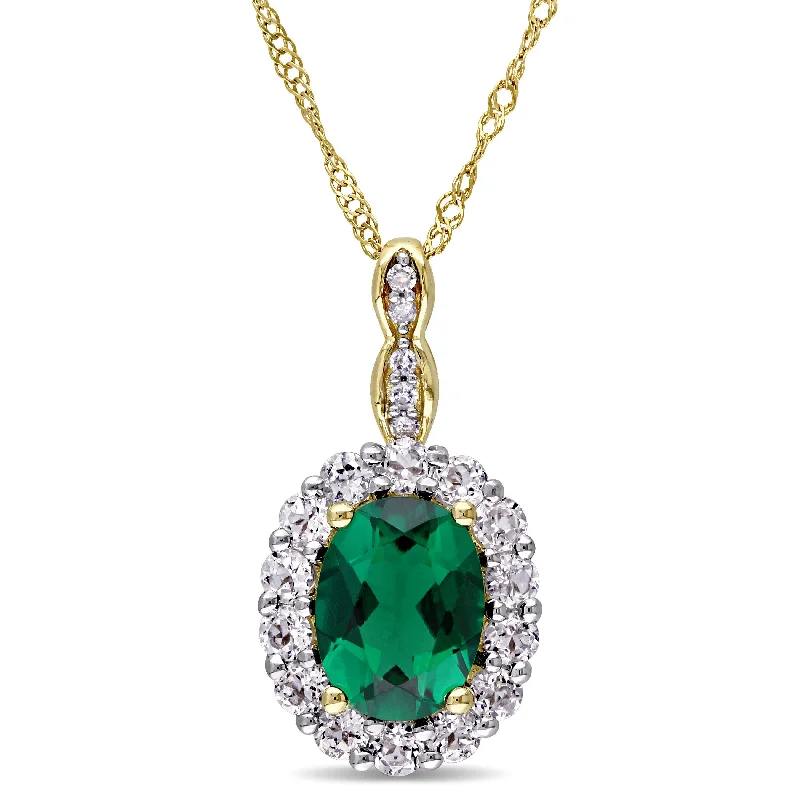 Mimi & Max Women's 1 5/8ct TGW Oval Shape Created Emerald, White Topaz, and Diamond Accent Vintage Pendant with Chain in 14k Yellow Gold