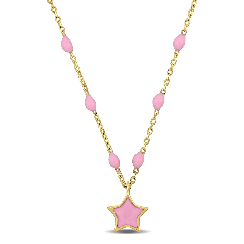 Mimi & Max Womens 14K Yellow Gold Pink Enamel Star Necklace w/ Spring Ring Clasp - 16+2 in.