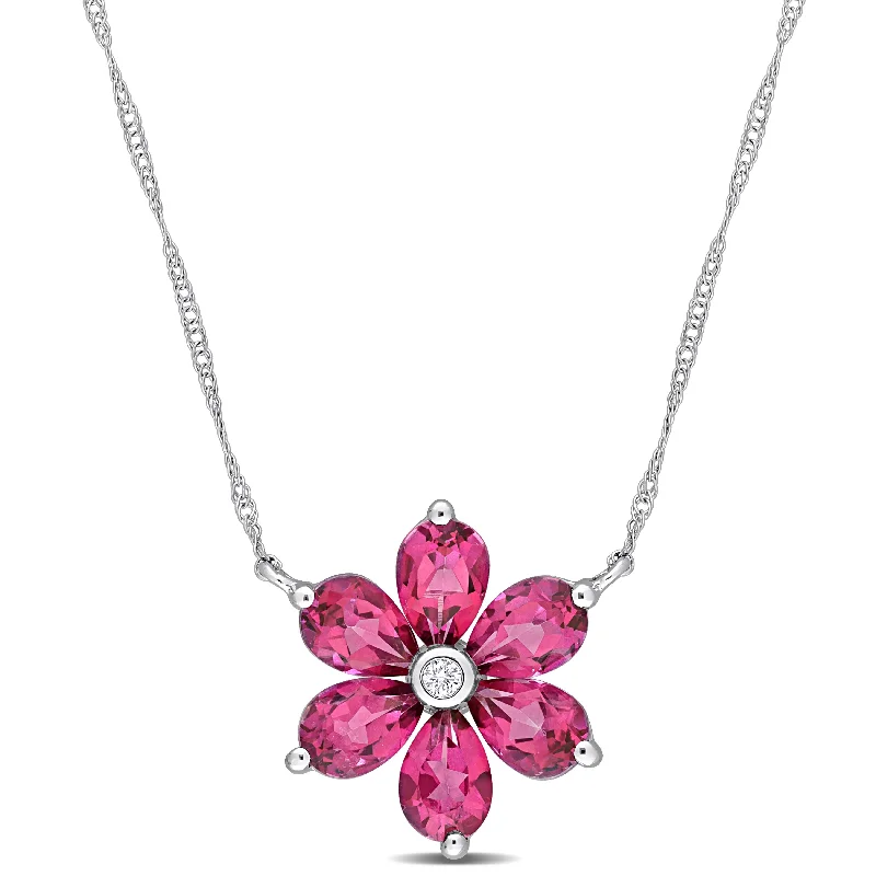 Mimi & Max Womens 3 1/3ct TGW Pear Shape Pink Topaz and Diamond Accent Floral Pendant with Chain in 10k White Gold