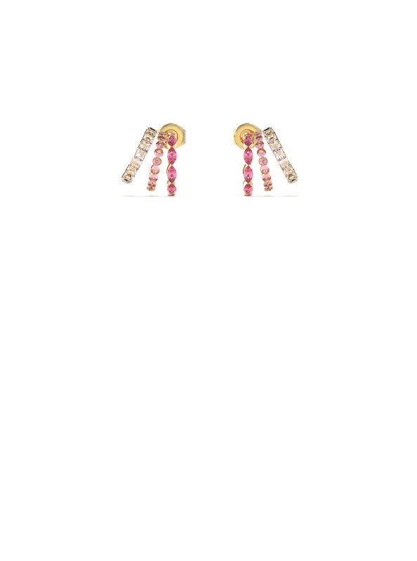 Gold Triple Mini Hoop Pink Stud Earrings