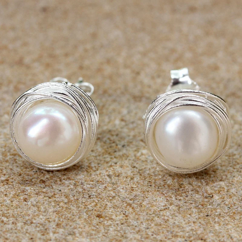 Haloed Moons Pearl & Sterling Silver Stud Earrings