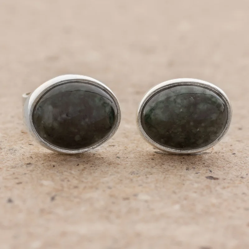 Mayan Ovals Green Jade and 925 Silver Oval Stud Earrings from Guatmela