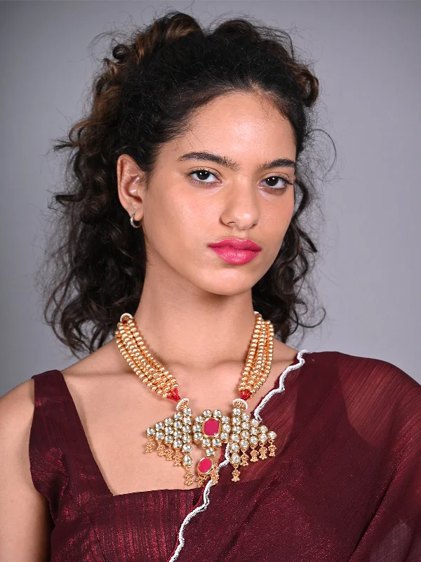 Odette Red Kundan Golden Multilayered Necklace Set For Women