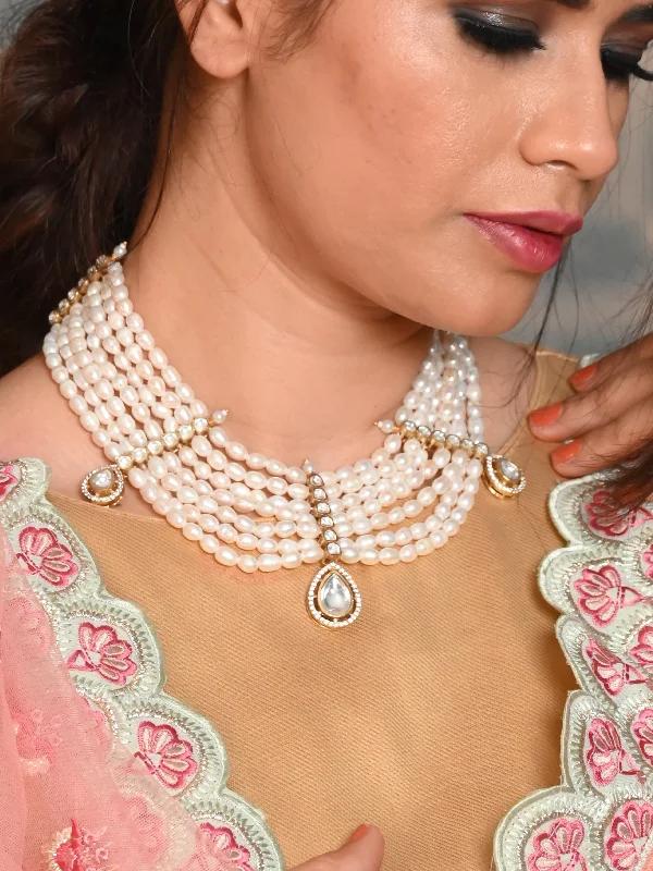 Odette White Pearl and Kundan Choker Set for Women