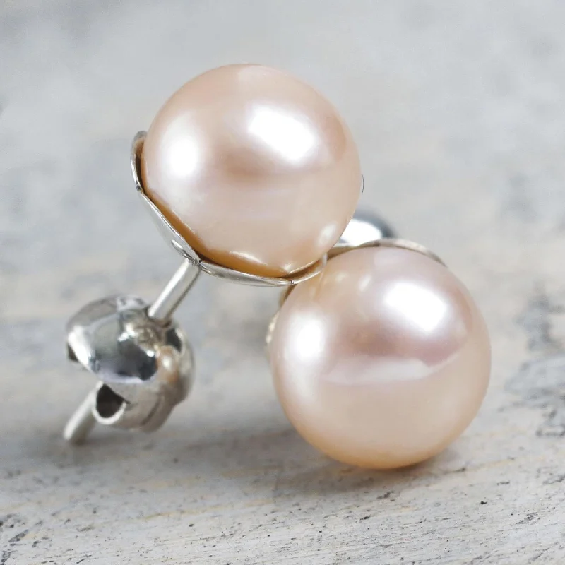 Pink Nascent Flower Pink Cultured Pearl Handcrafted Stud Earrings from Peru