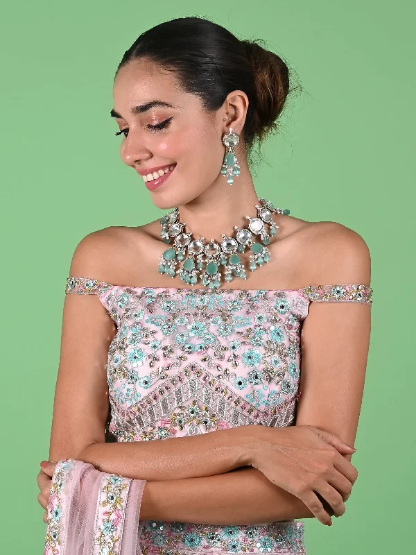 Odette Sea Green And White Alloy Jewellery Set For Women