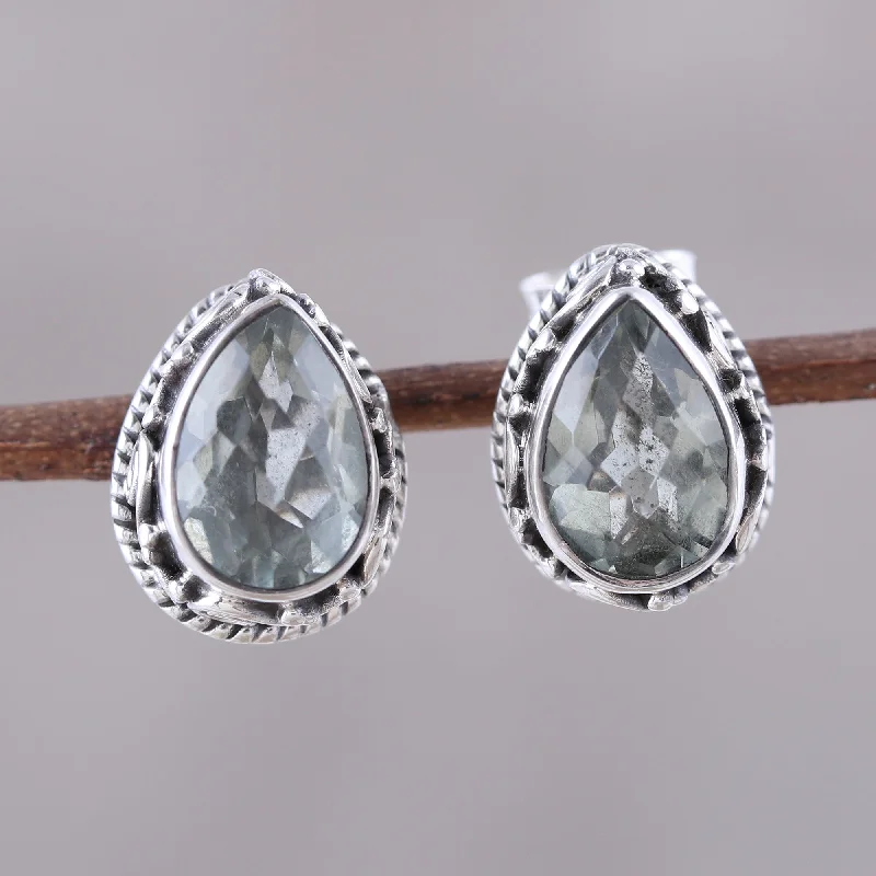 Verdant Mist 3-Carat Prasiolite Teardrop Stud Earrings from India