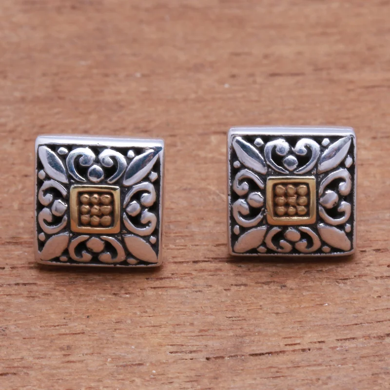 Window Glam Square Gold Accented Sterling Silver Stud Earrings from Bali