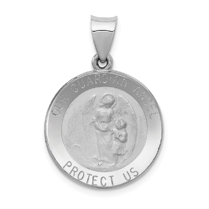 14k White Gold Hollow Guardian Angel Medal Pendant, 19mm (3/4 Inch)