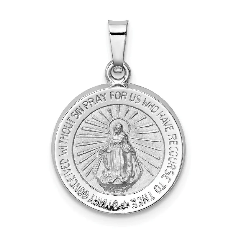 14k White Gold Hollow Round Miraculous Medal Pendant, 15mm (9/16 Inch)