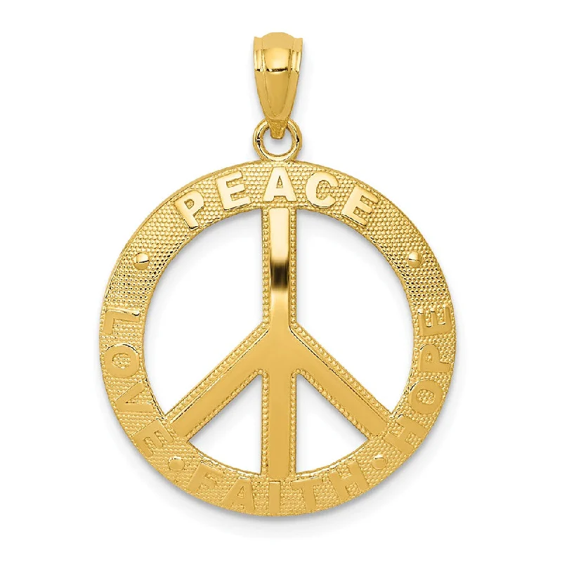 14k Yellow Gold Peace, Hope, Faith, Love, Peace Sign Pendant, 20mm