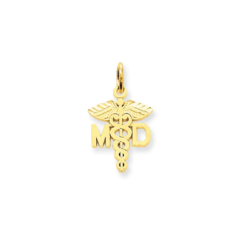 14k Yellow Gold Satin and Diamond Cut MD Caduceus Charm