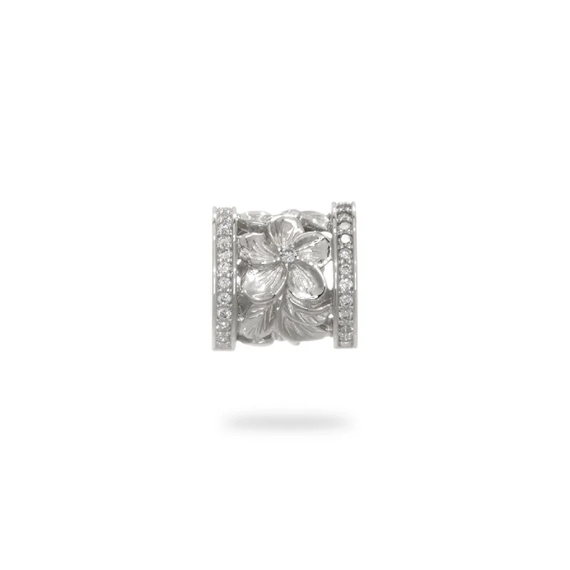 Hawaiian Heirloom Plumeria Barrel Pendant in White Gold with Diamonds - 12mm