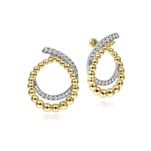 14K Yellow Gold Bujukan Open Double Row Ball and Diamond Bypass Hoop Earrings