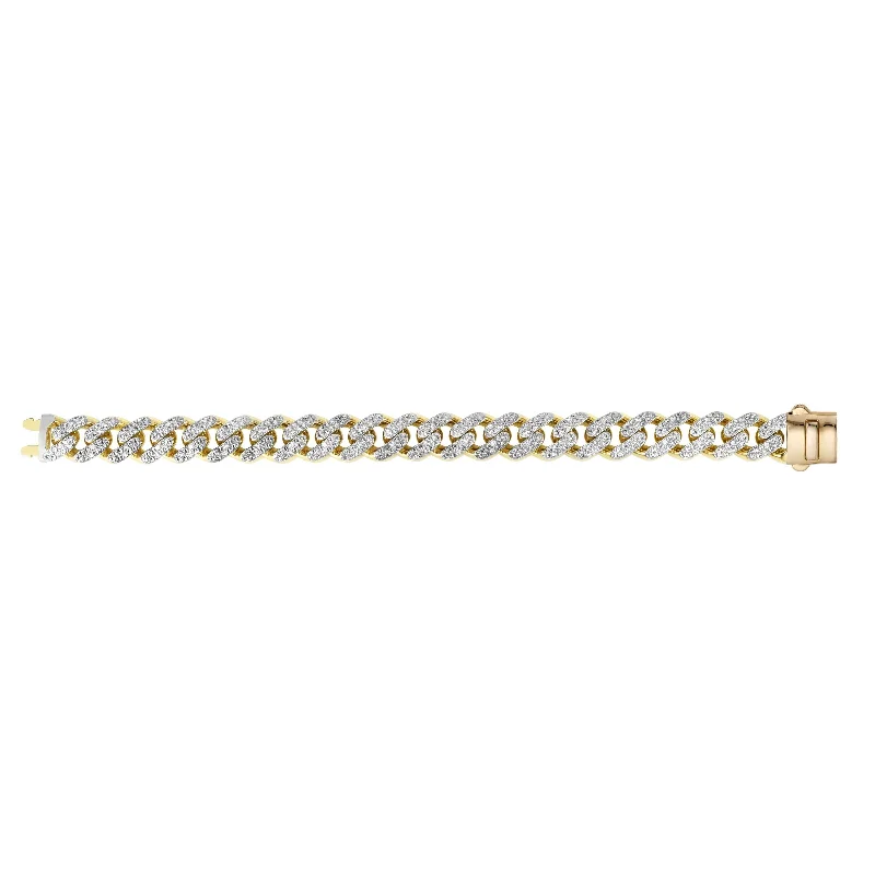 14kt Gold 8.5 inches Yellow Finish 13.5mm White Pave Curb Link Bracelet with Box Clasp + 1.4100ct 1.6mm White Diamond