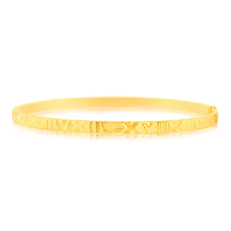 9ct Yellow Gold Silver filled 4mm Wide Roman Numeral 65mm Bangle