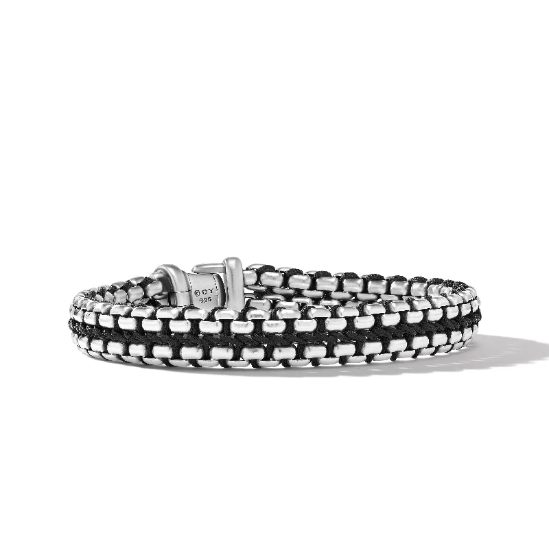 Woven Box Chain Bracelet in Sterling Silver with Black Nylon\, 12mm