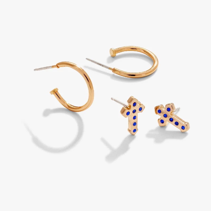 Pavé Cross Stud + Hoop Earrings, Set of 2