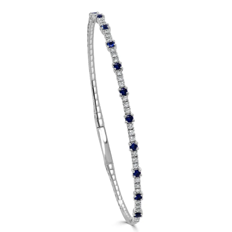 Round Sapphire & Diamond Graduated Flexible Bangle in 14K White Gold